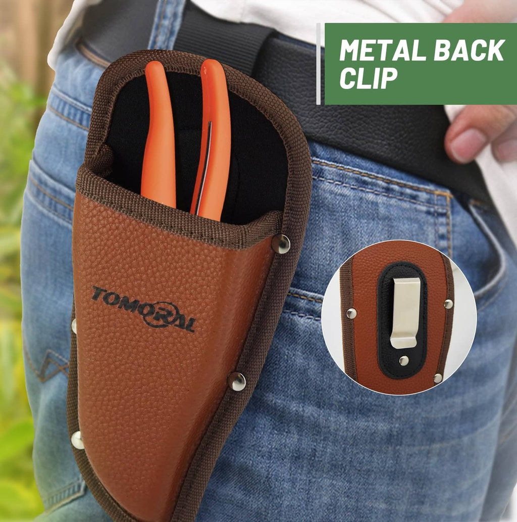 Brown pruning shear holster on belt with metal back clip and open tool pocket