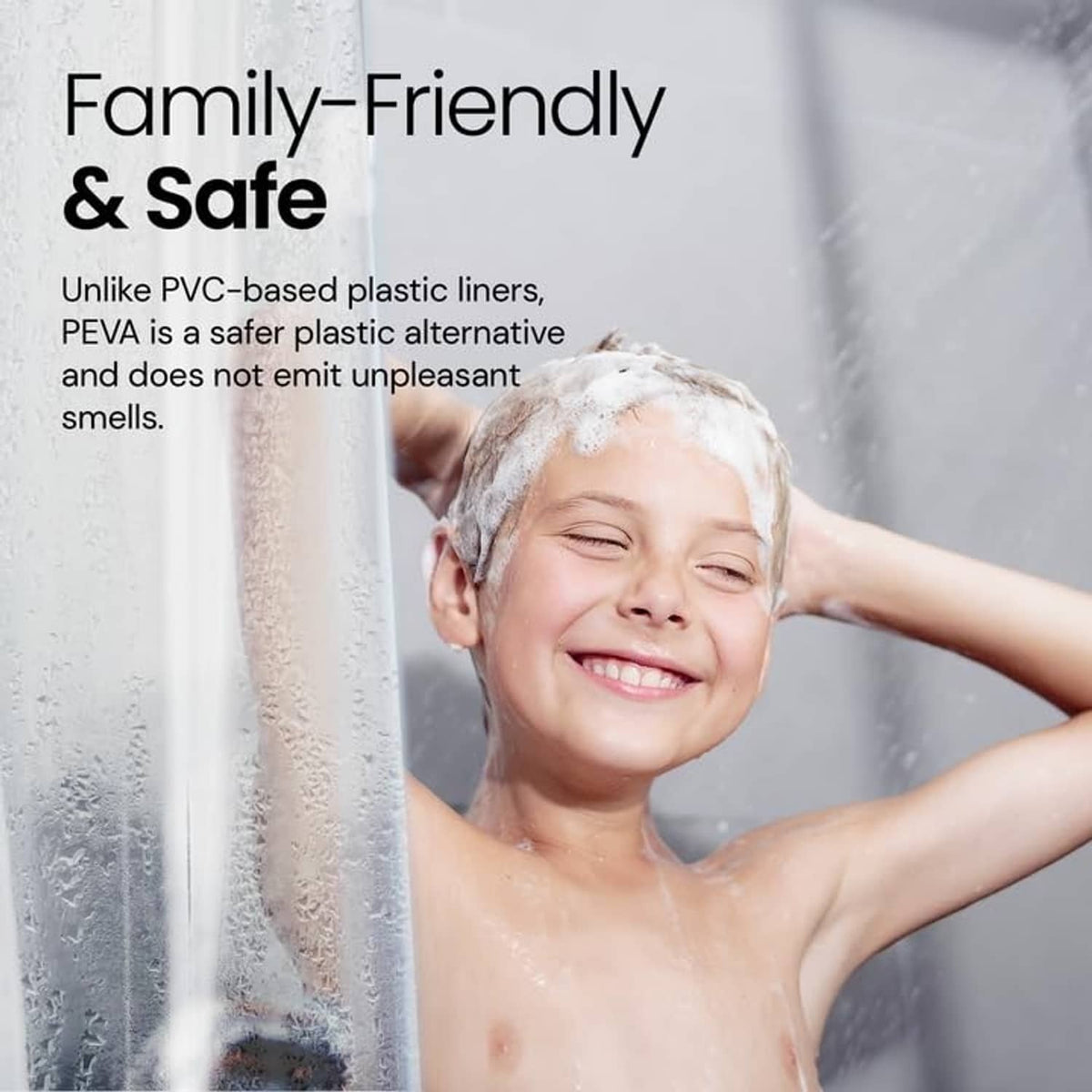 Clear PEVA shower curtain liner with kid behind and water beading on surface
