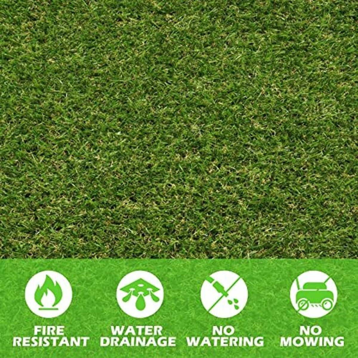 Artificial grass turf mat close-up, dense dark-green blade texture