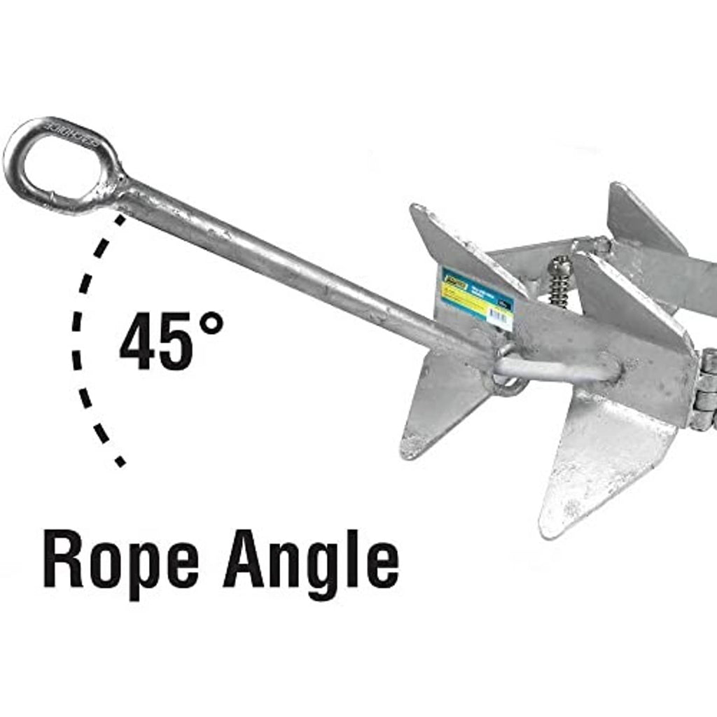 Fold-and-hold anchor with ring shackle and three triangular flukes on a long arm