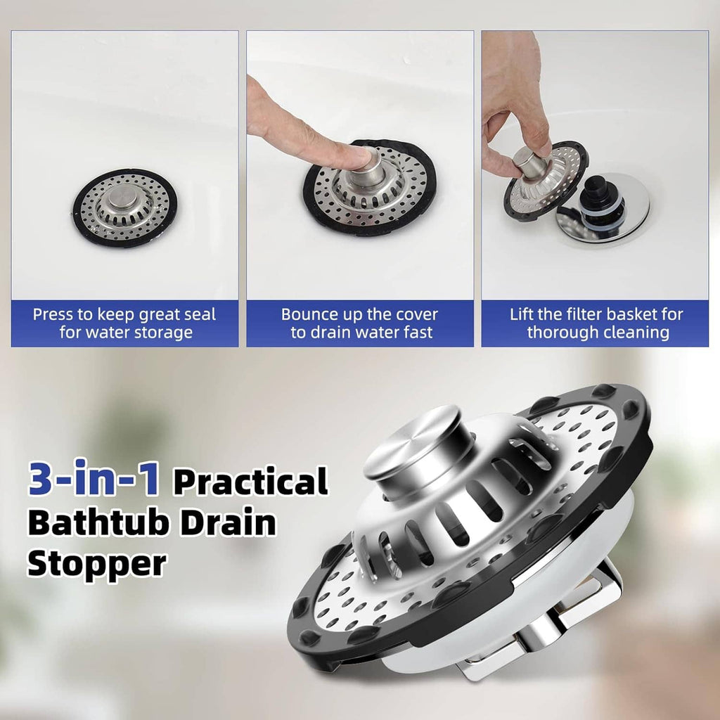 3-in-1 bathtub drain hair stopper with perforated metal basket and lifting cover