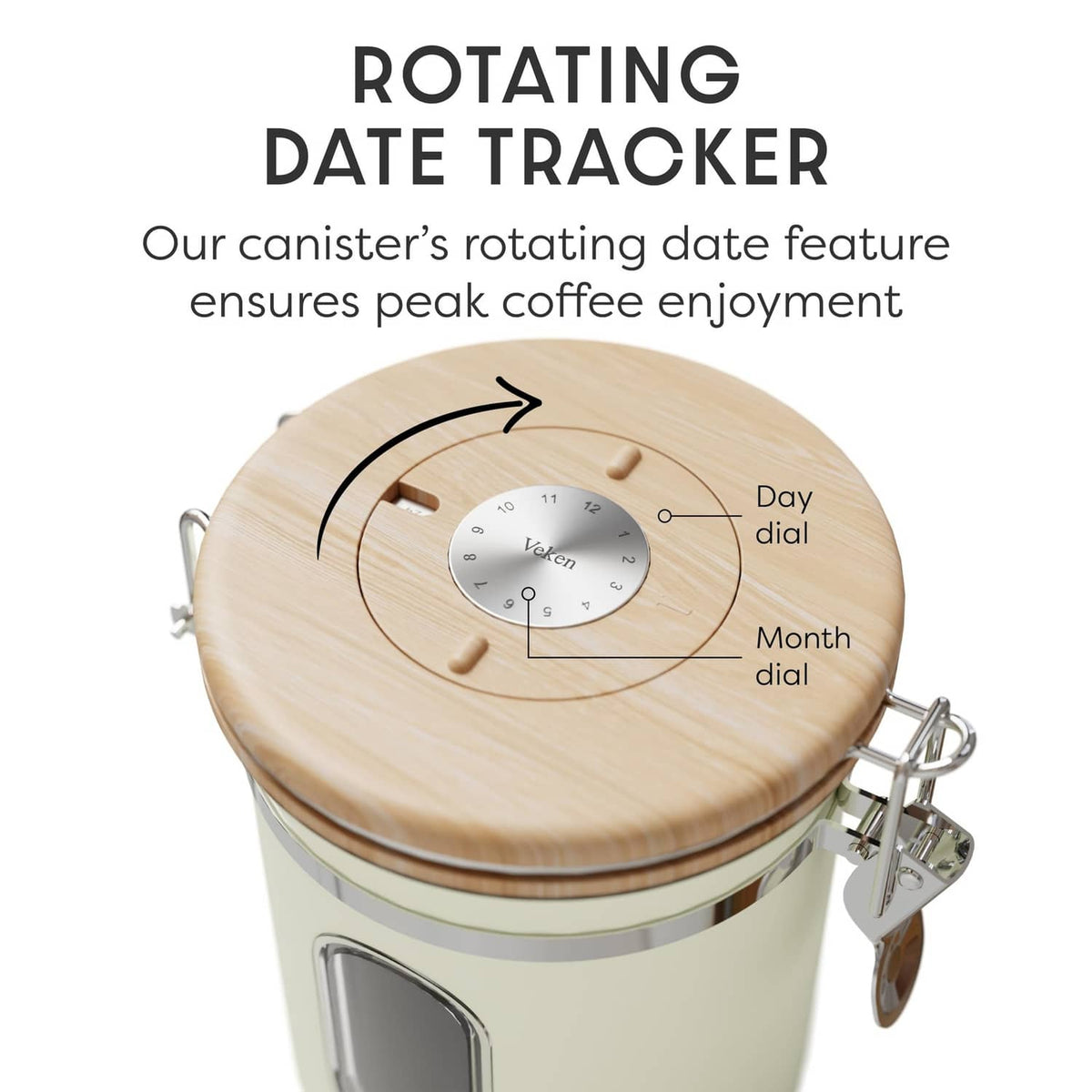 Cream stainless canister top with rotating date tracker dial and clamp latch handles