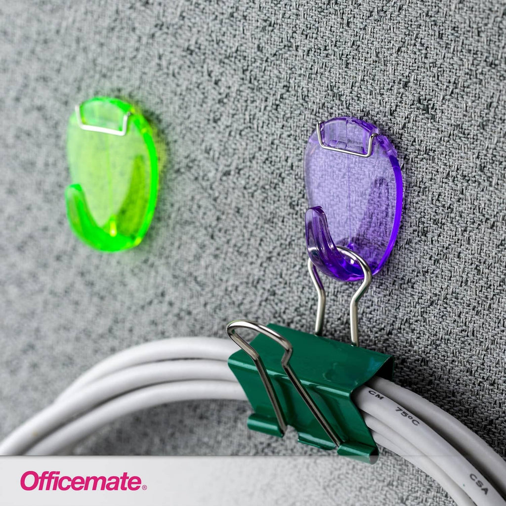 Green and purple translucent office hooks clipped on cables.