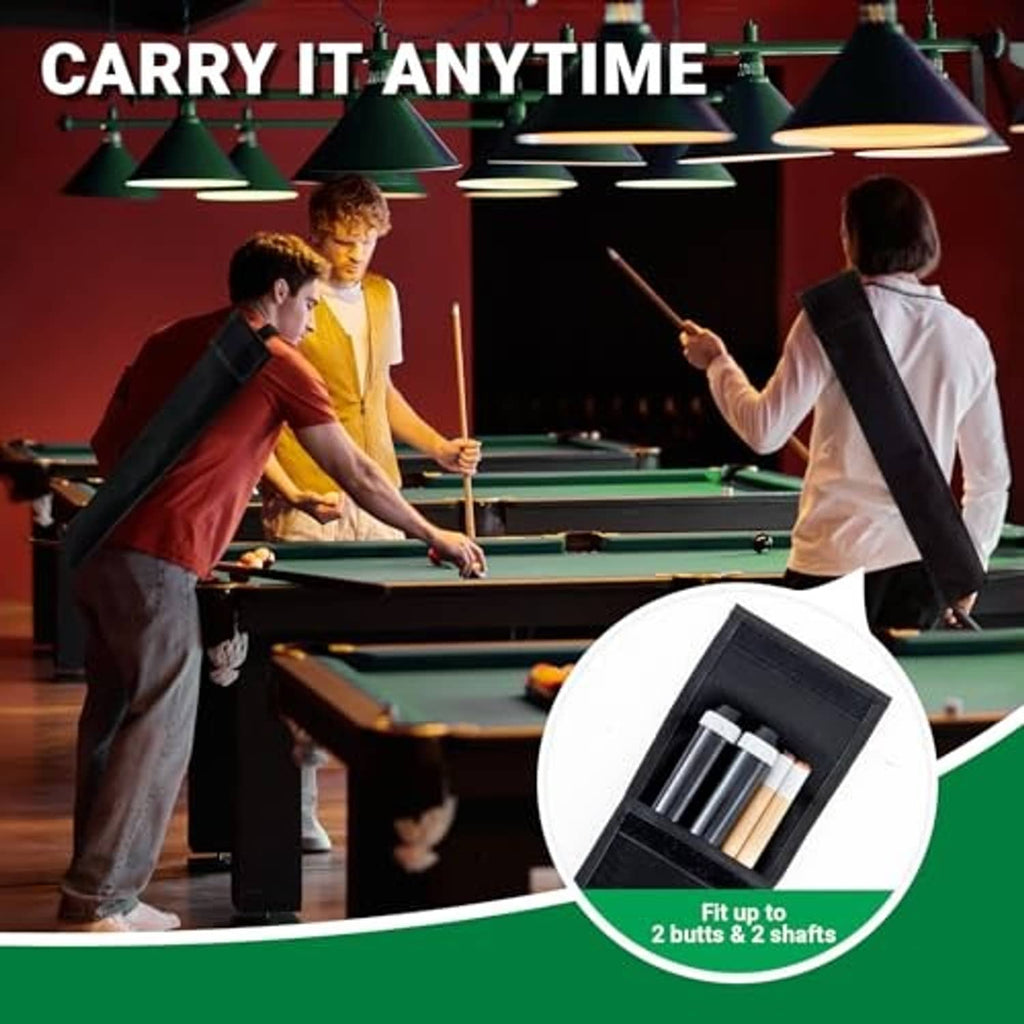 Black pool cue case with shoulder strap, carried upright beside a billiards table.