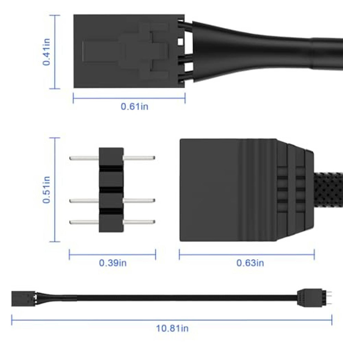 Measured ARGB adapter cable showing 3-pin and 4-pin connector ends