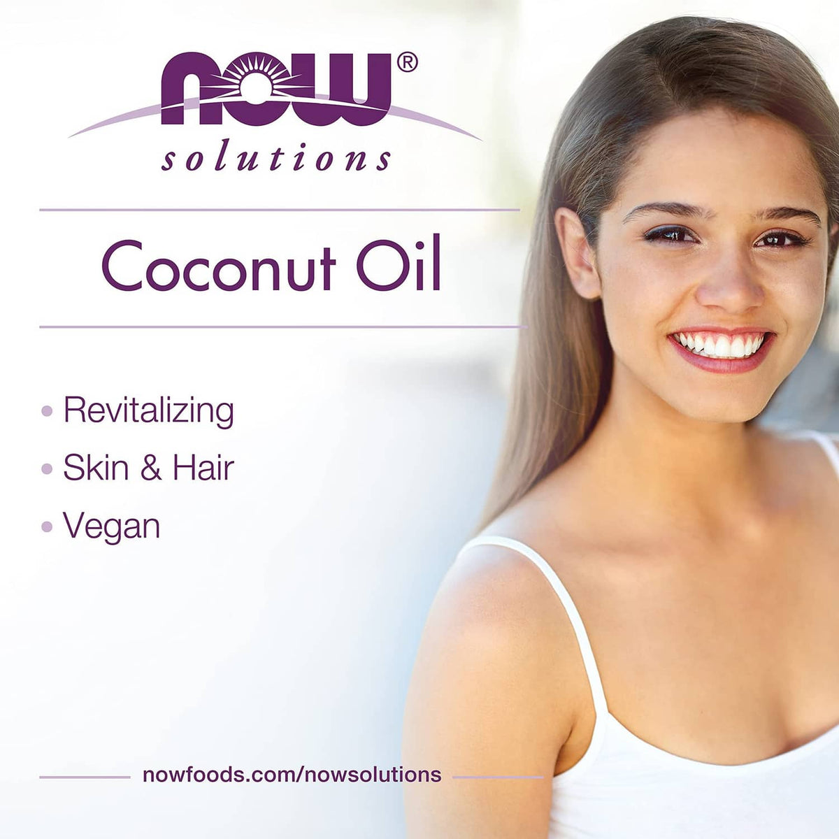 Coconut oil marketing panel with NOW logo, text, and smiling woman