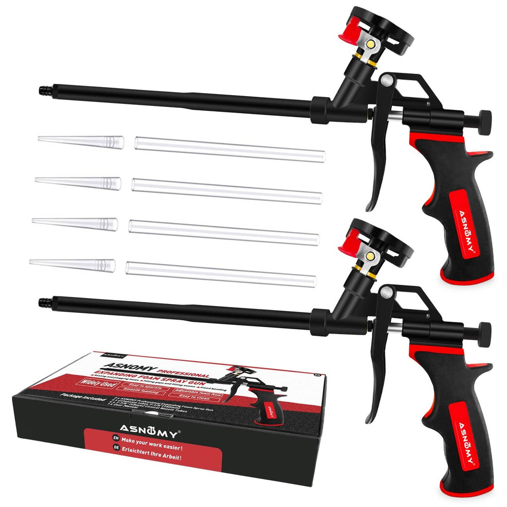 ASNOMY expanding foam spray gun set, two black and red guns with nozzles and tubes