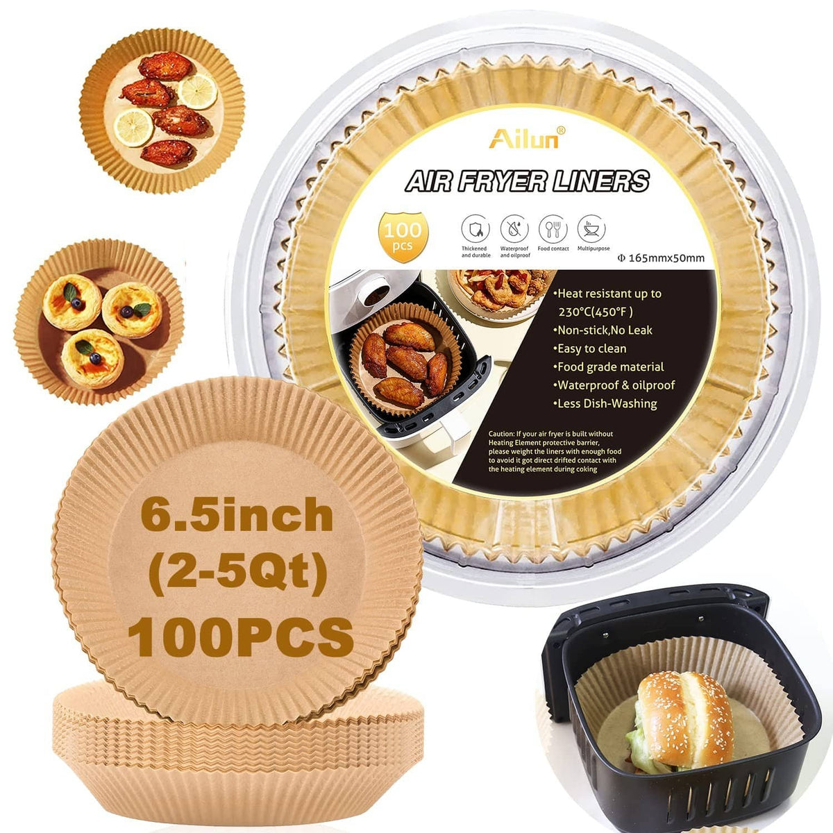 Brown 6.5-inch round air fryer paper liners, 100-pack shown in stack and circle tray.