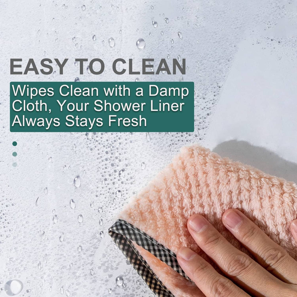 Clear shower curtain liner fabric with beaded water, easy-clean surface