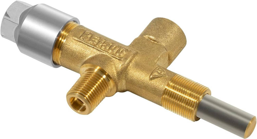 Gas valve extension plug angled view with brass cross fitting and silver threaded ends