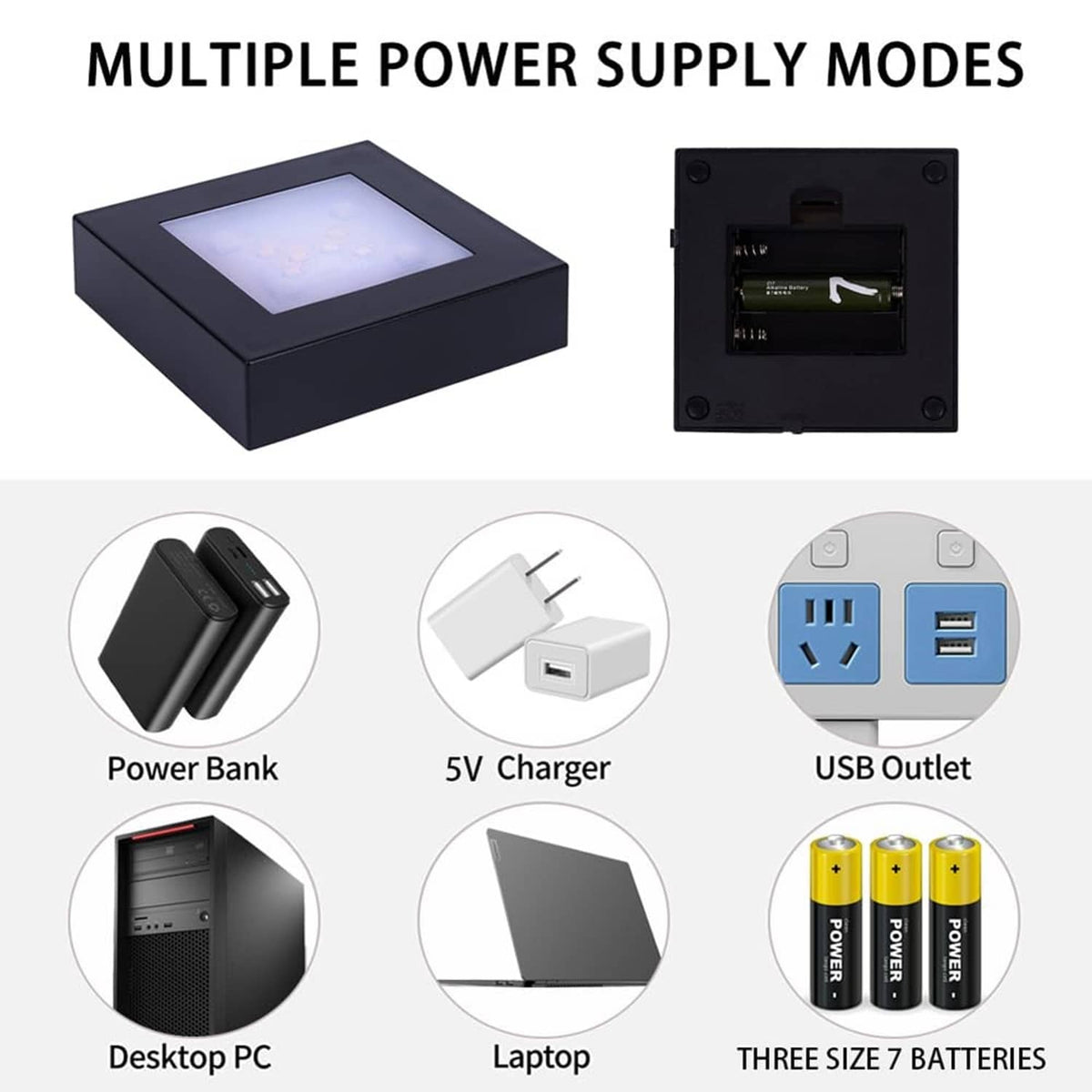 Black LED light stand base with back panel showing power supply ports and slots
