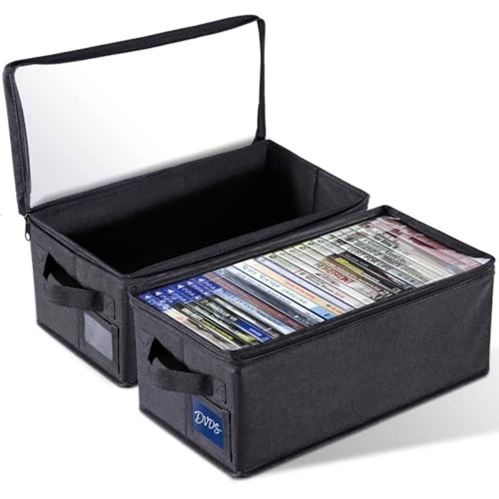 Foldable black storage box with clear window, lid open, holds stacked DVDs