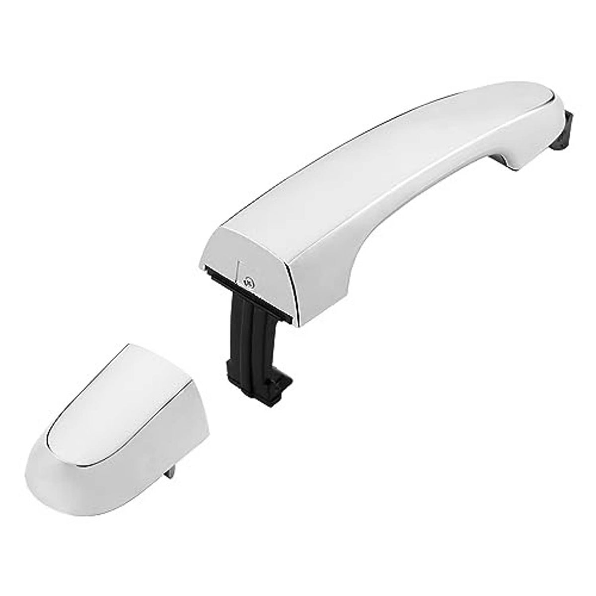 Exterior door handle in chrome/silver with black bracket and matching end cap