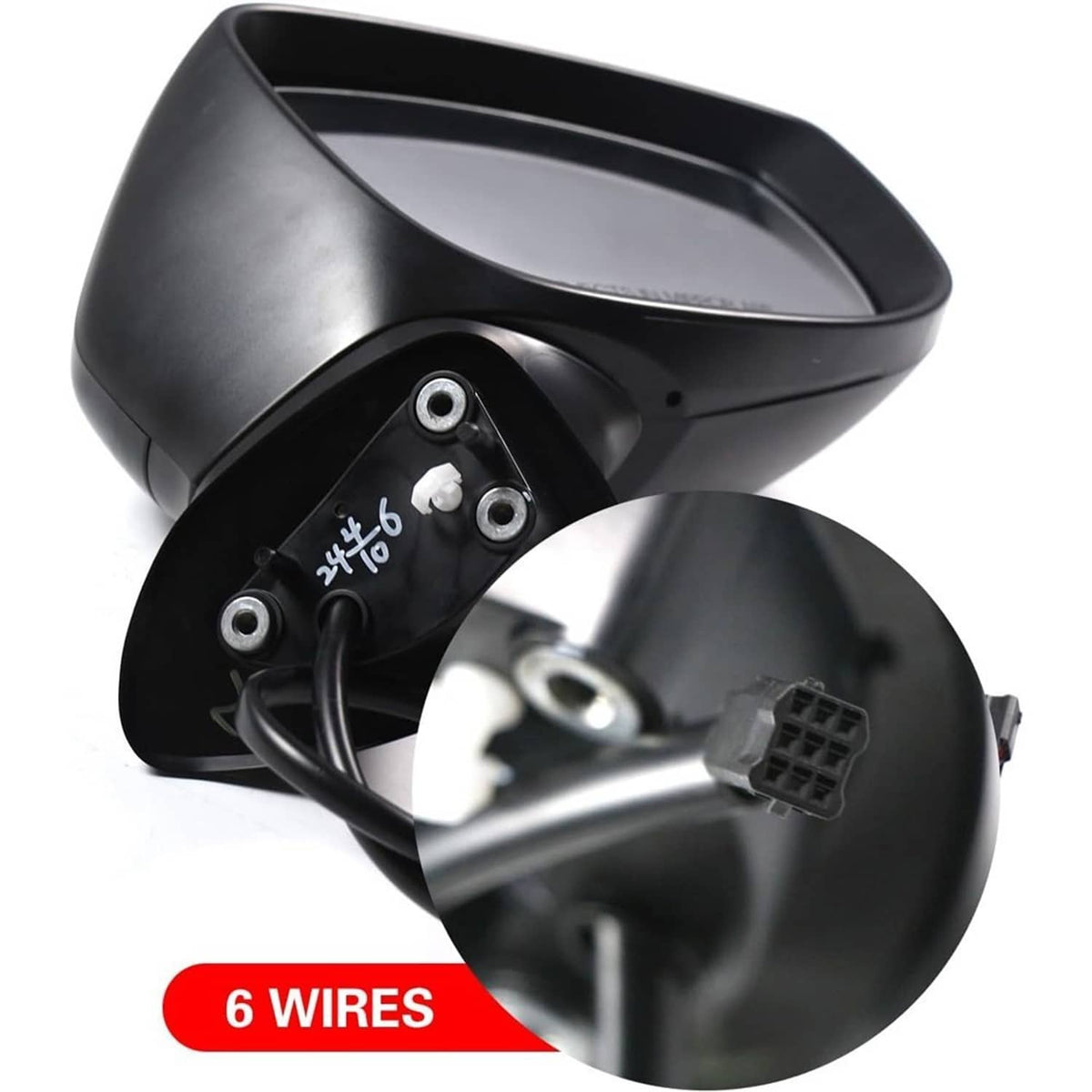 Black side mirror back with wiring connectors and sensor ports