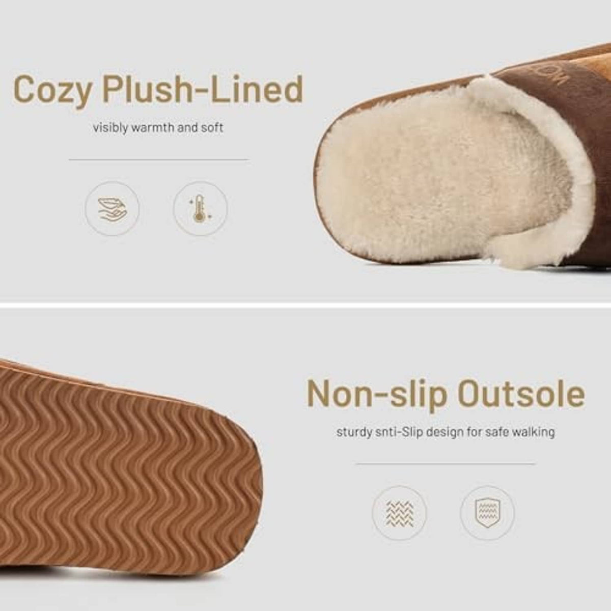Chestnut slippers showing plush white lining and wavy non-slip outsole