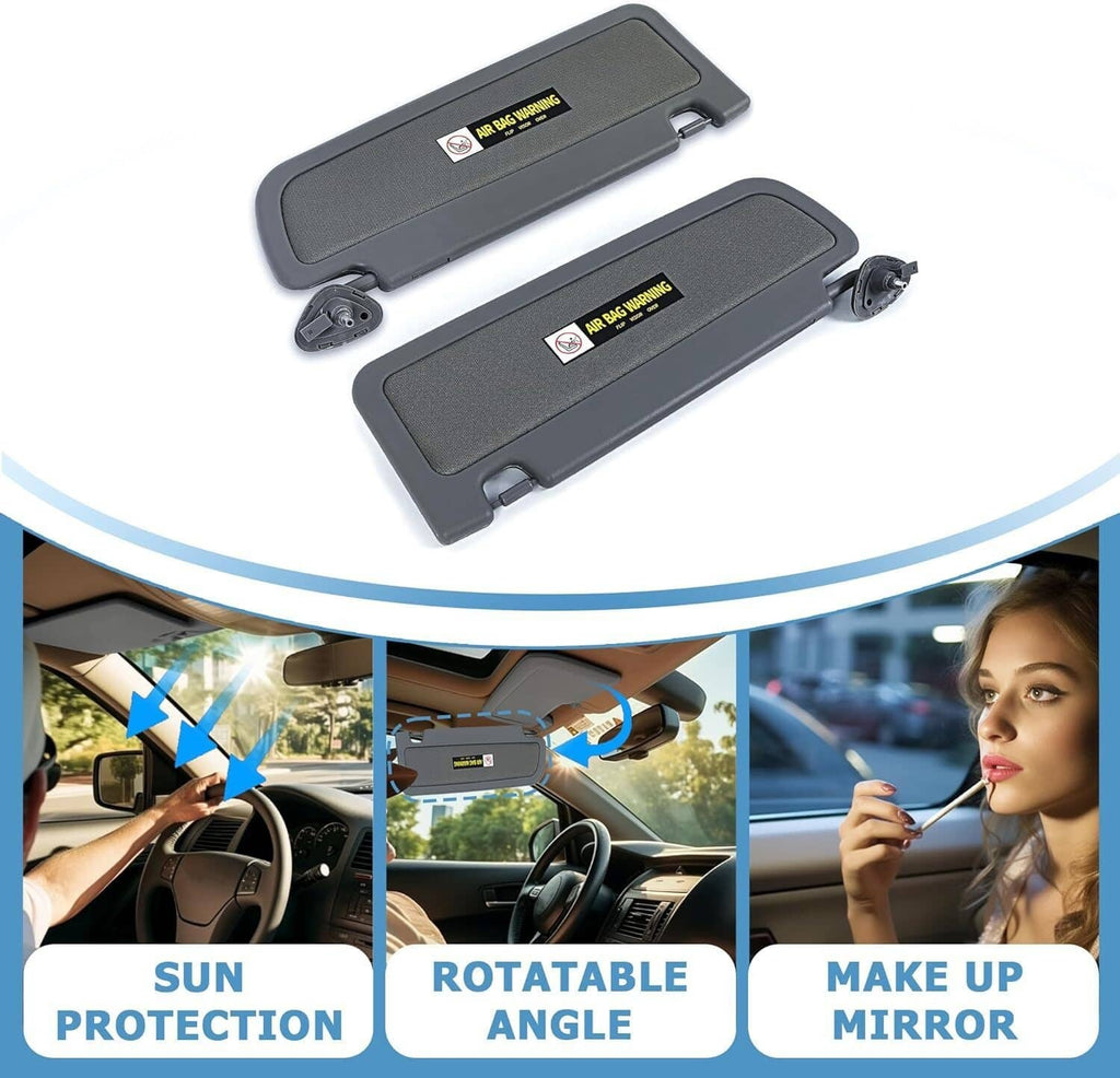 Dark gray sun visor pair laid flat with mounting clips for left and right
