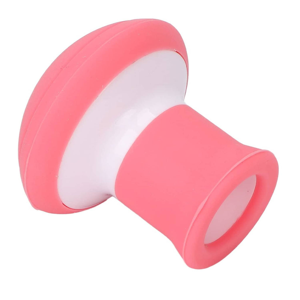 Pink and white facial jaw exerciser with curved disc and round mouthpiece