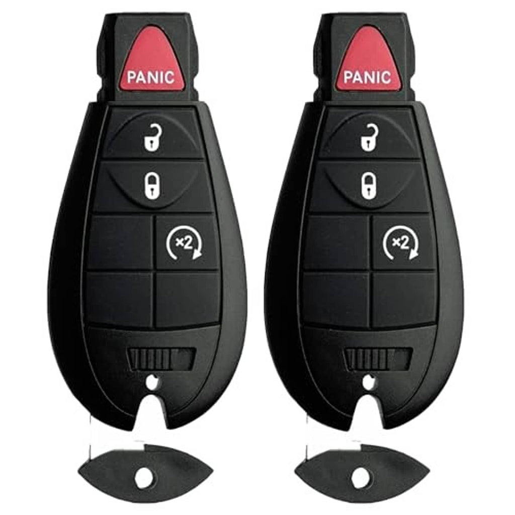 Two black key fobs with red PANIC button, lock/unlock icons, and x2 remote feature
