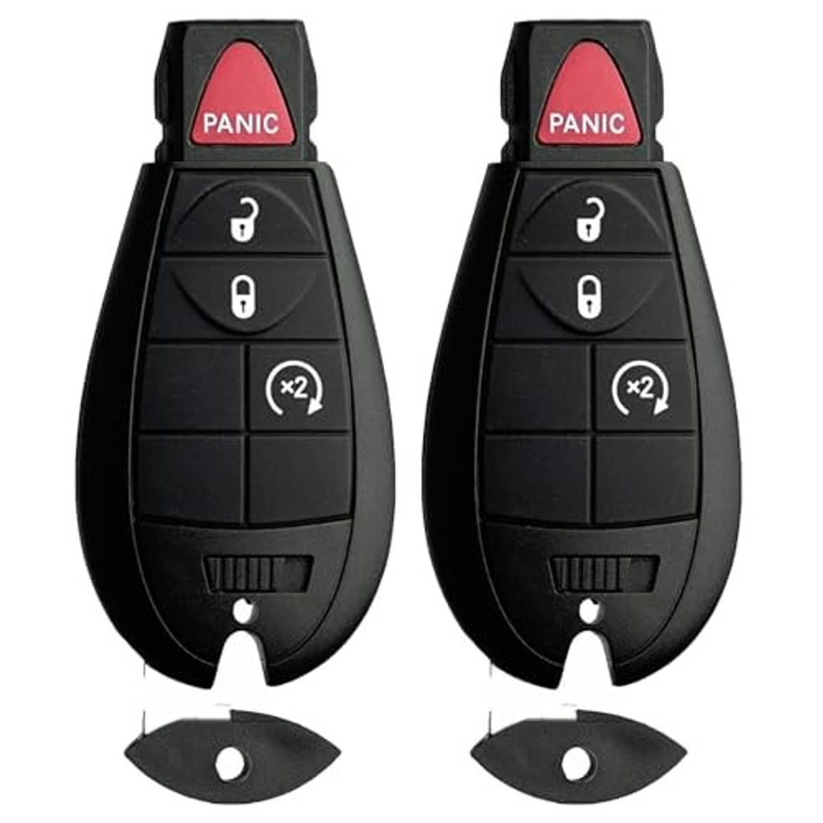 Two black key fobs with red PANIC button, lock/unlock icons, and x2 remote feature