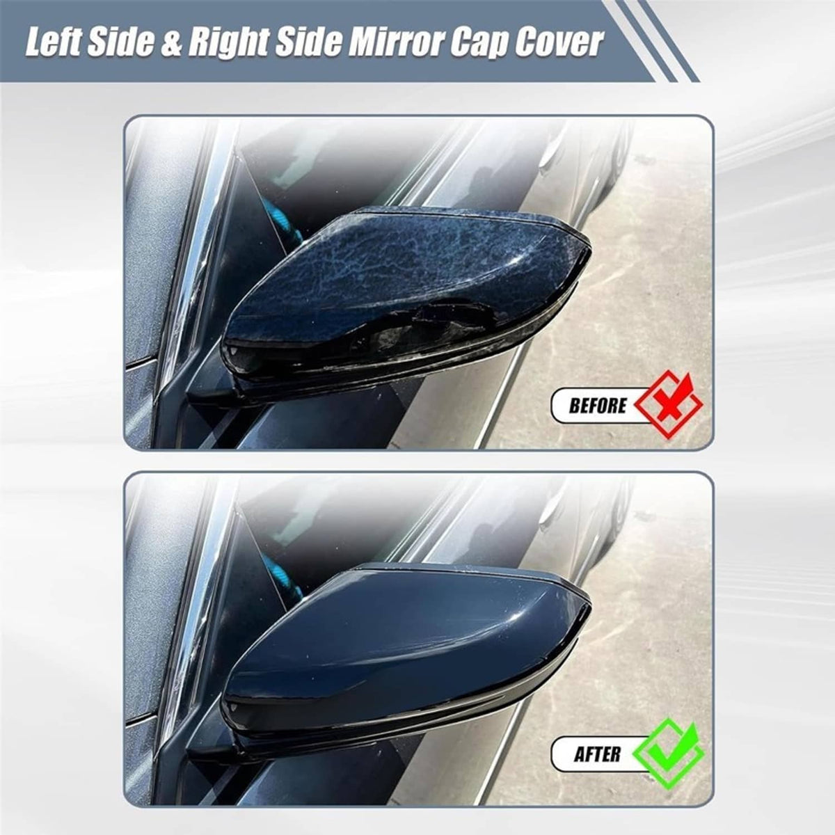 Before-and-after view of glossy black mirror cap covers on a car door