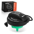 Black fuel tank cap with green sealing insert and side pull ring