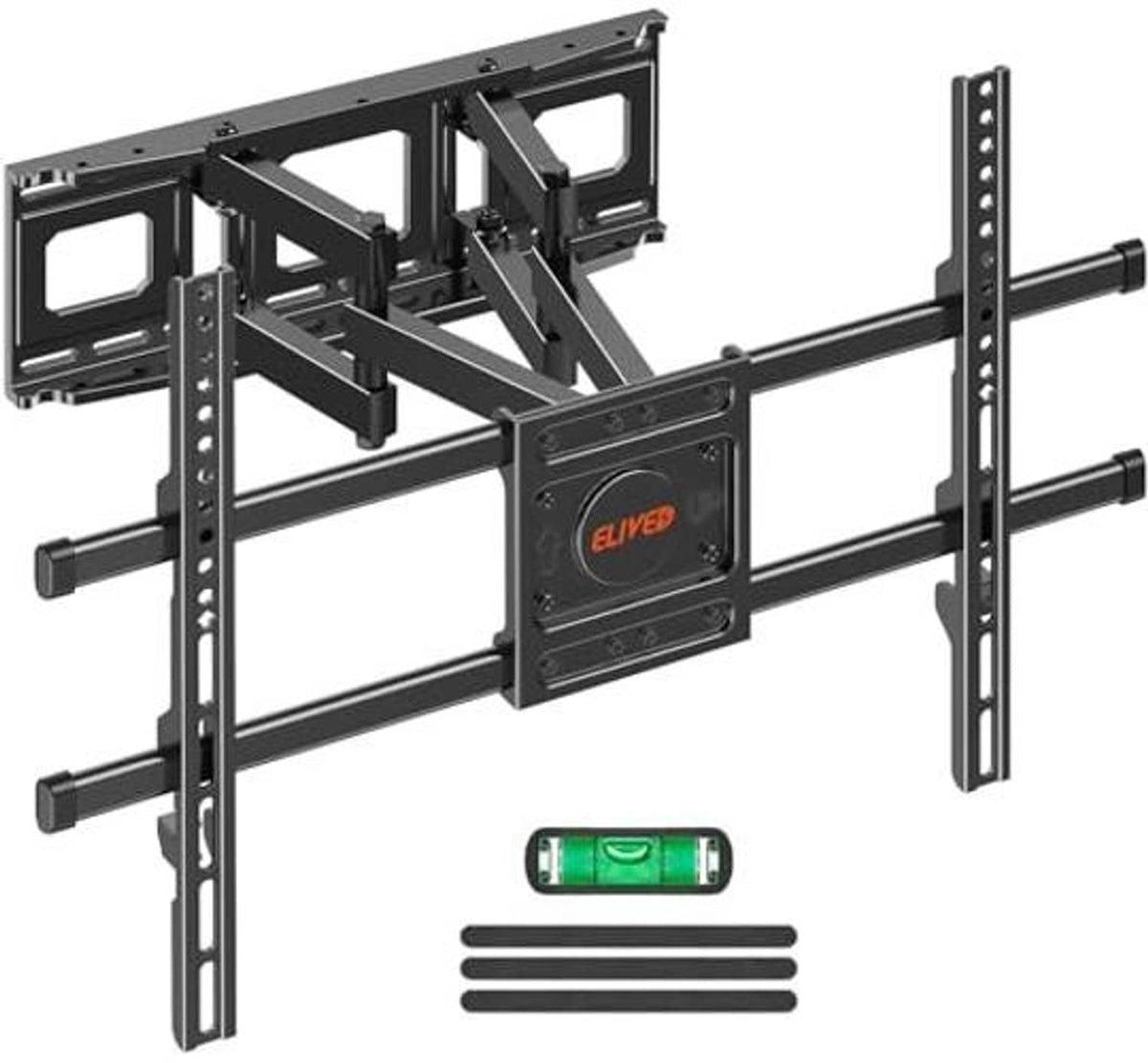 Black TV wall mount with long rails, adjustable arms, and included screws and spacers