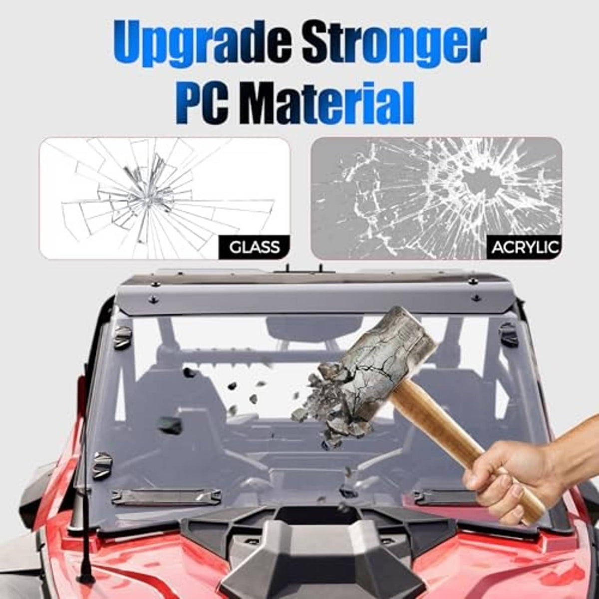 Impact-resistant vented full windshield with transparent panel and black frame