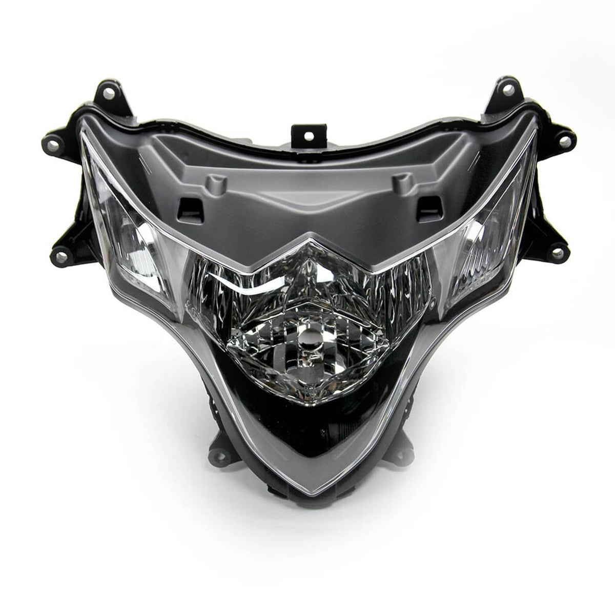Front headlight housing assembly with clear lens, black bezel, and chrome reflector core