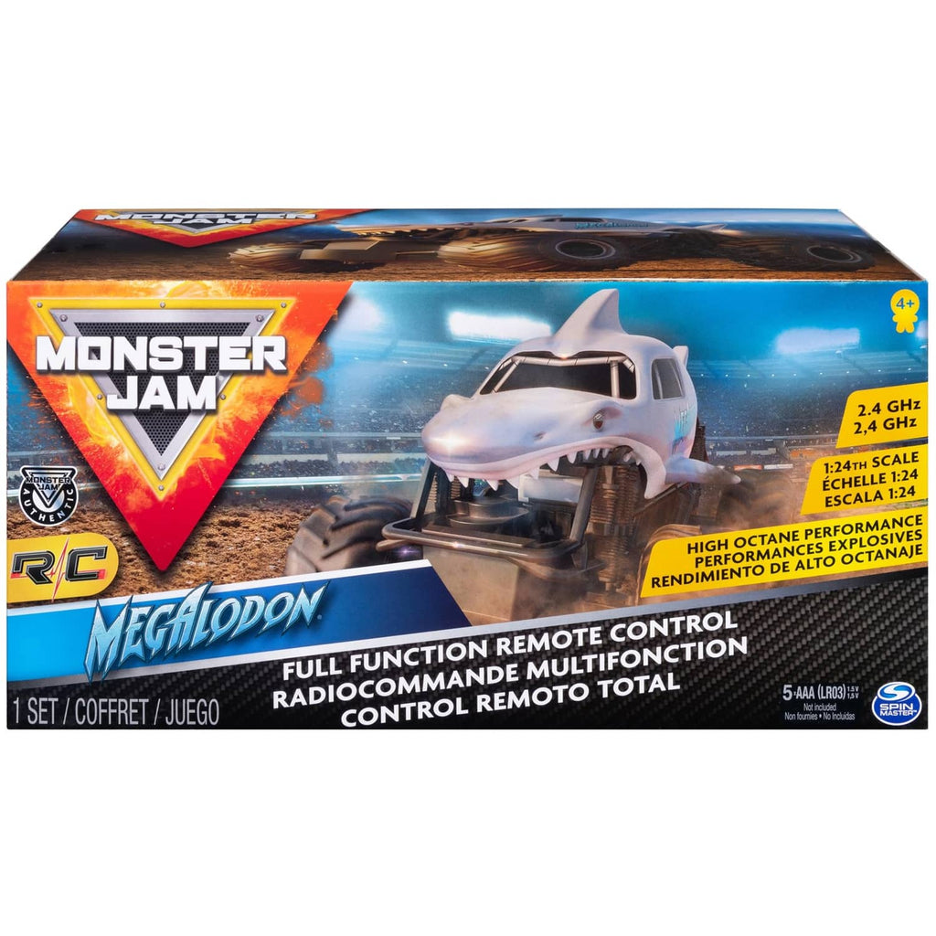 Shark-themed RC monster truck in retail box with Monster Jam branding