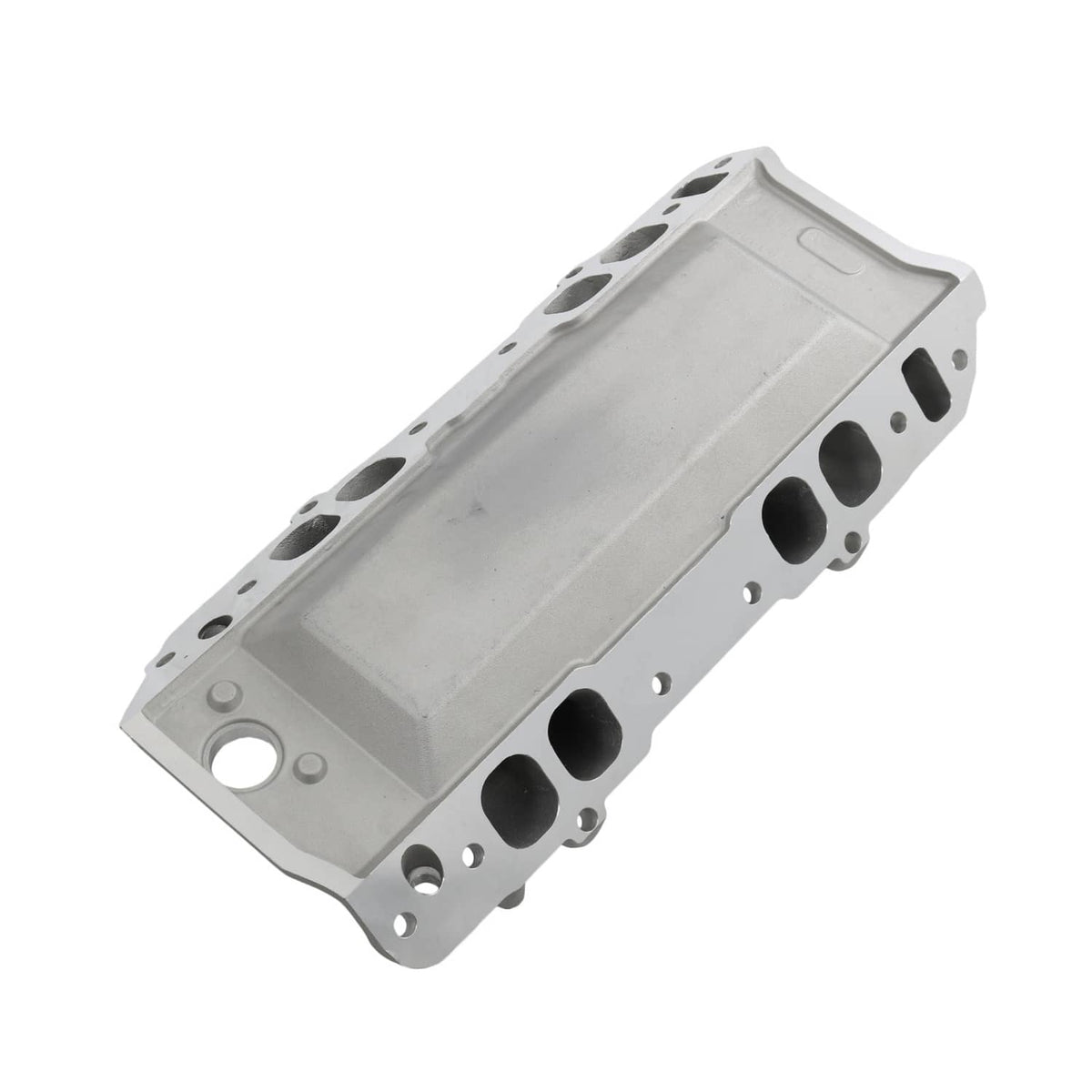 Dual-plane intake manifold side view with long rectangular runner cavity and port cutouts.