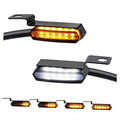 Front handlebar LED turn signals: amber sequential bar lights, white running light