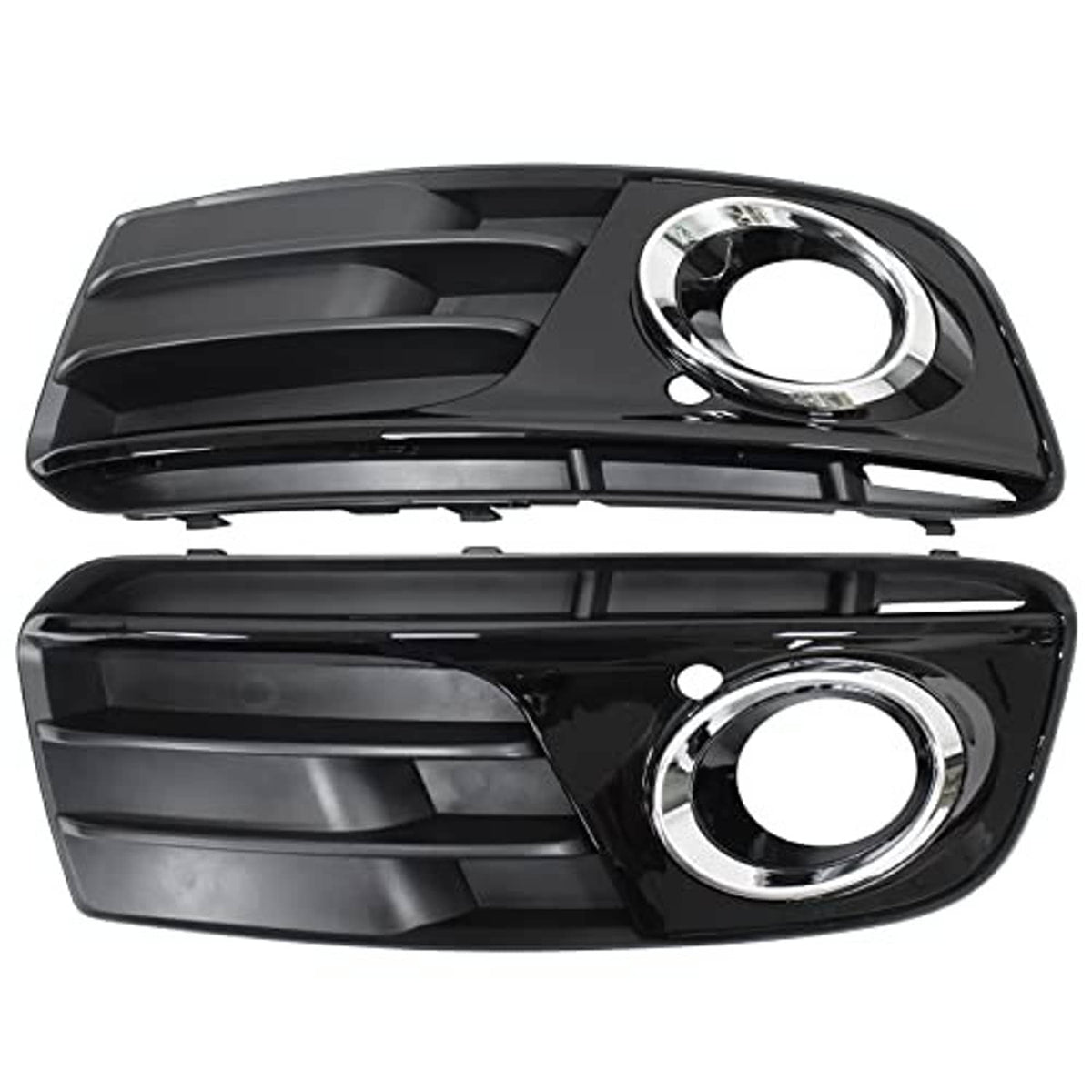 Pair of black front bumper fog light grille inserts with circular chrome-ring openings