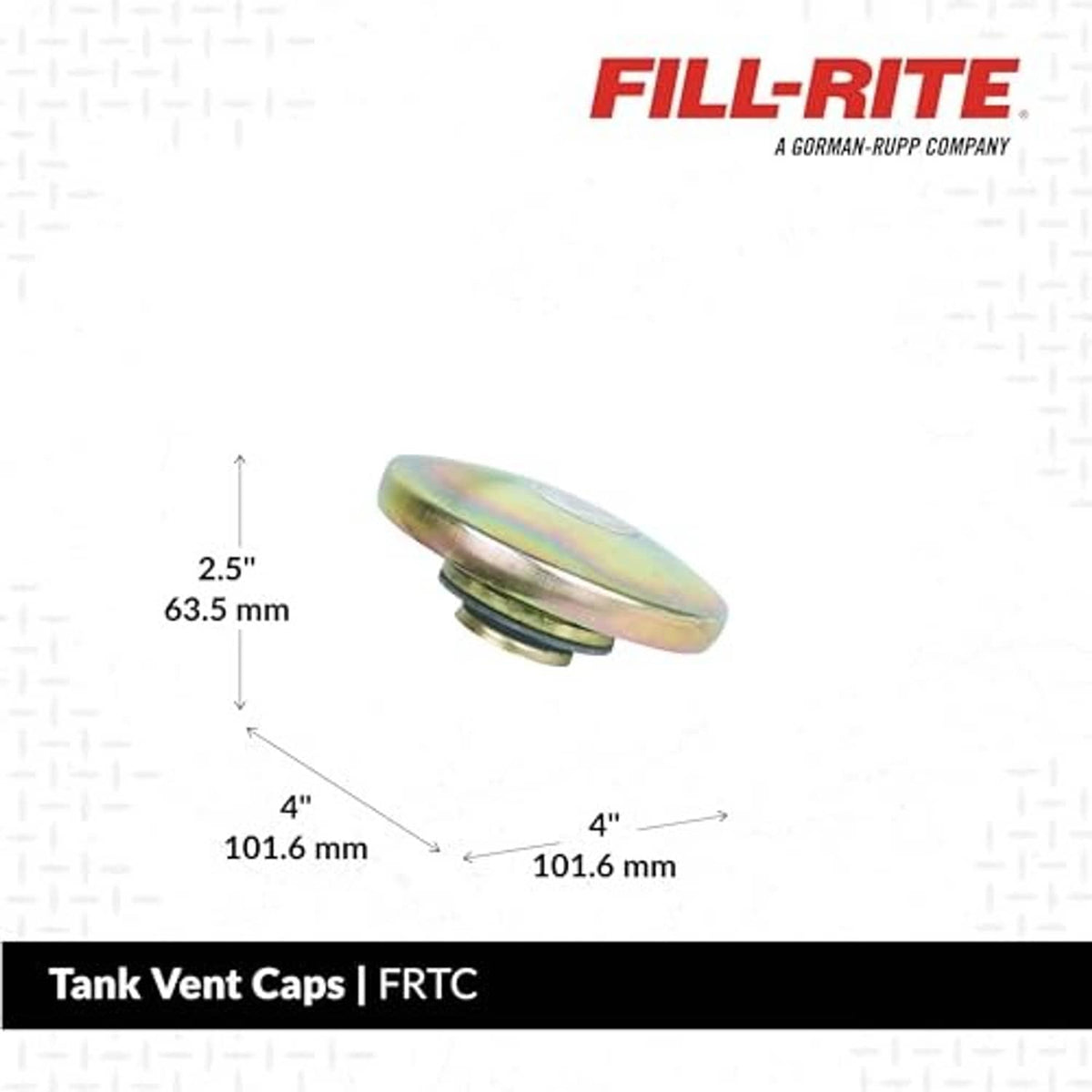 Tank vent cap with rainbow iridescent top and black gasket shown with size diagram