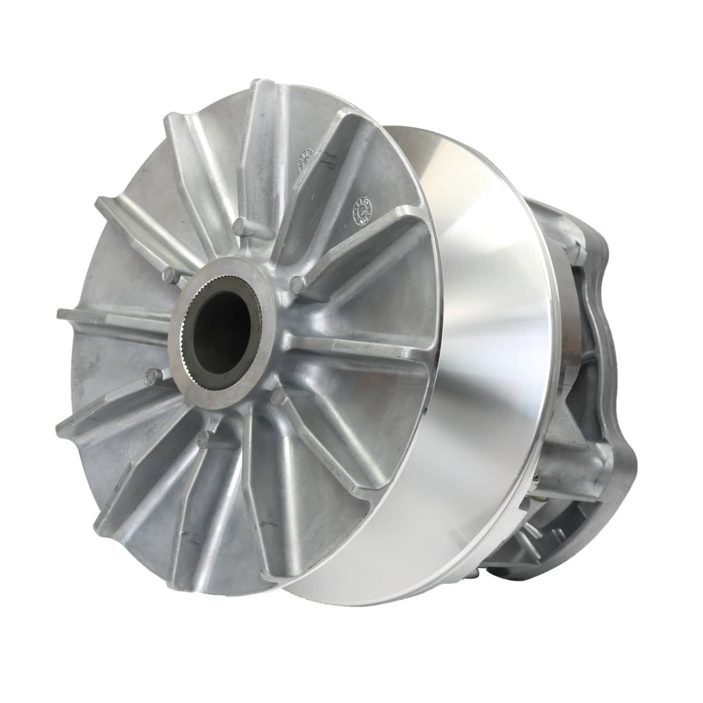 Primary drive clutch, angled silver pulley with radial fins and side mounting tabs