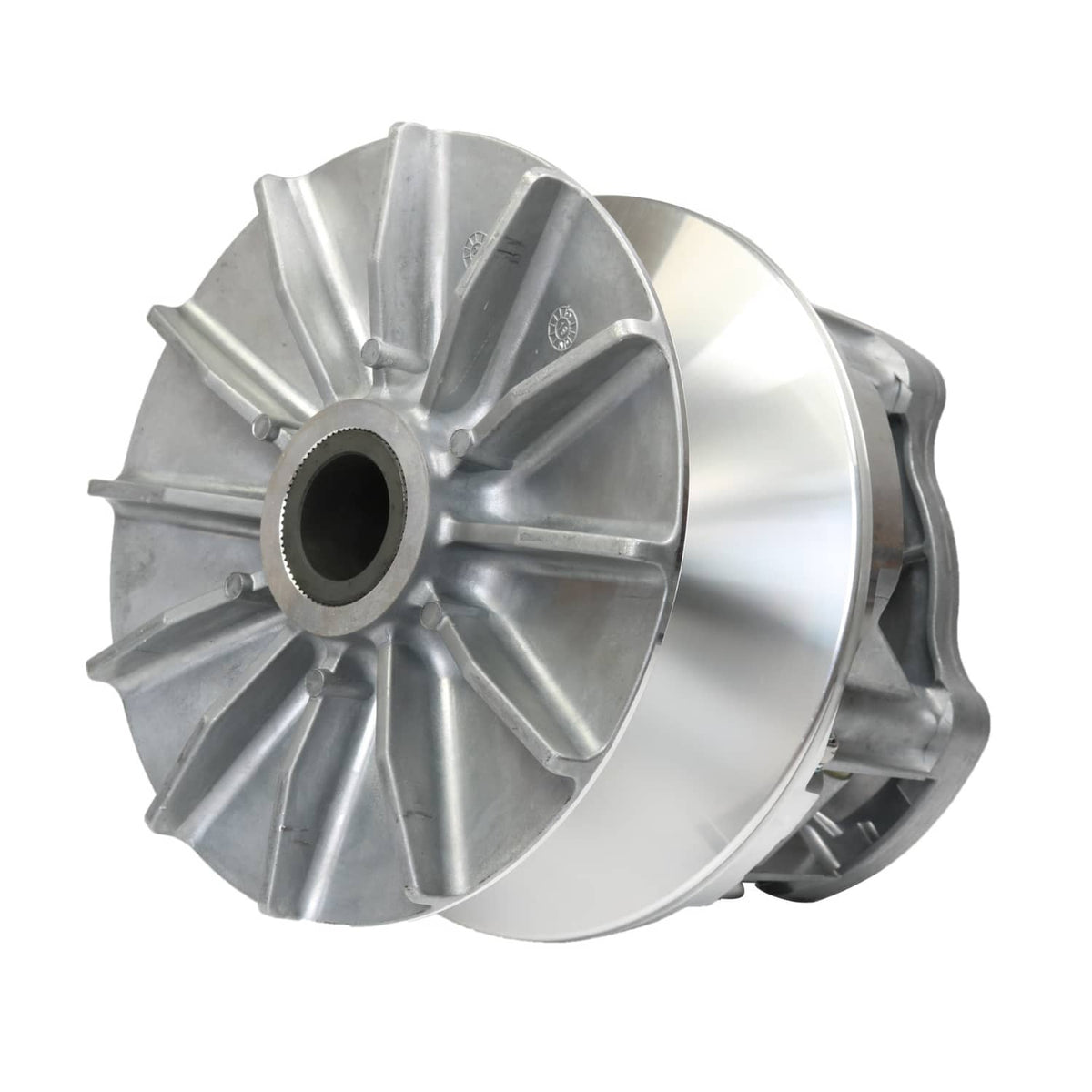 Primary drive clutch, angled silver pulley with radial fins and side mounting tabs