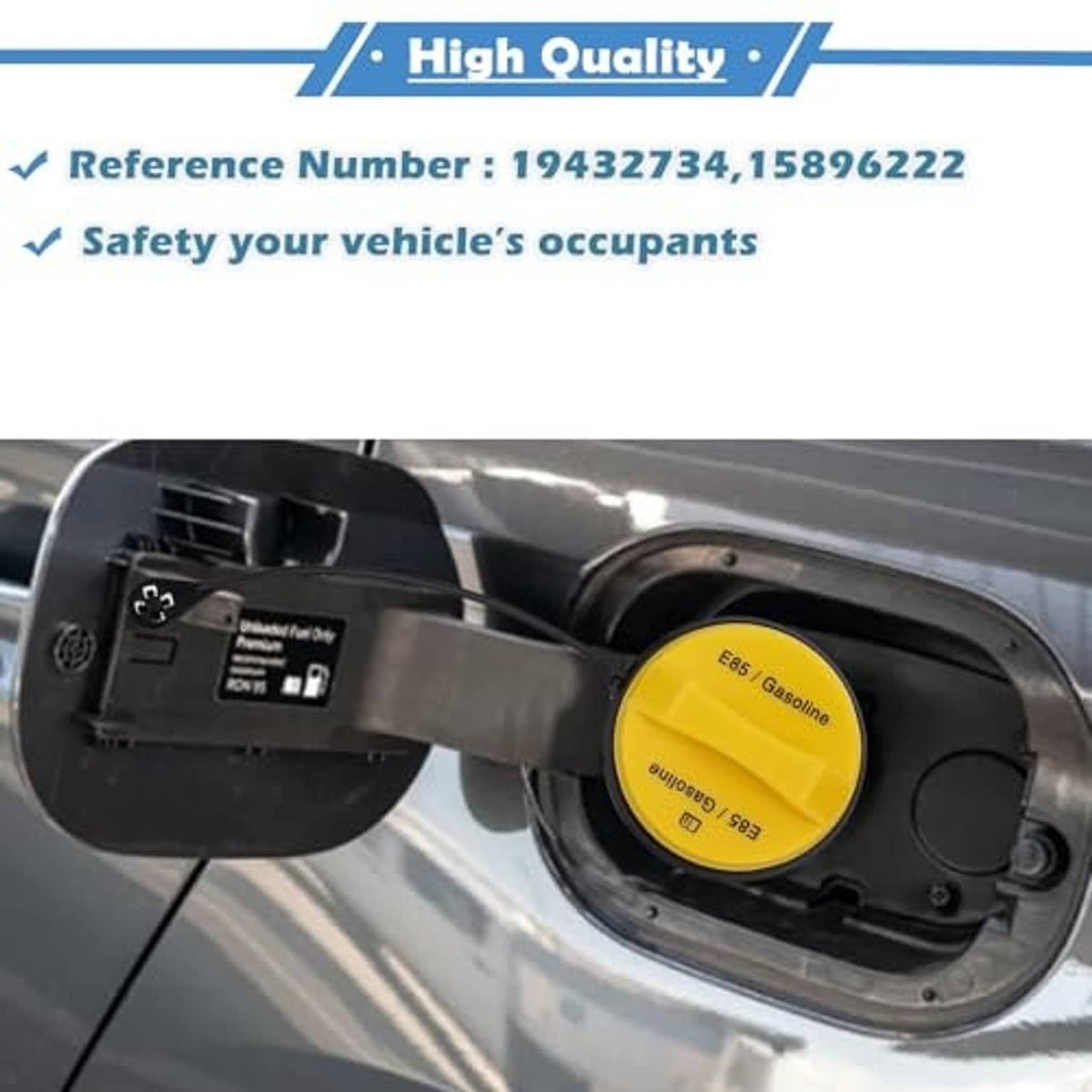 Yellow gas fuel filler cap on vehicle fuel door with black cover and tether