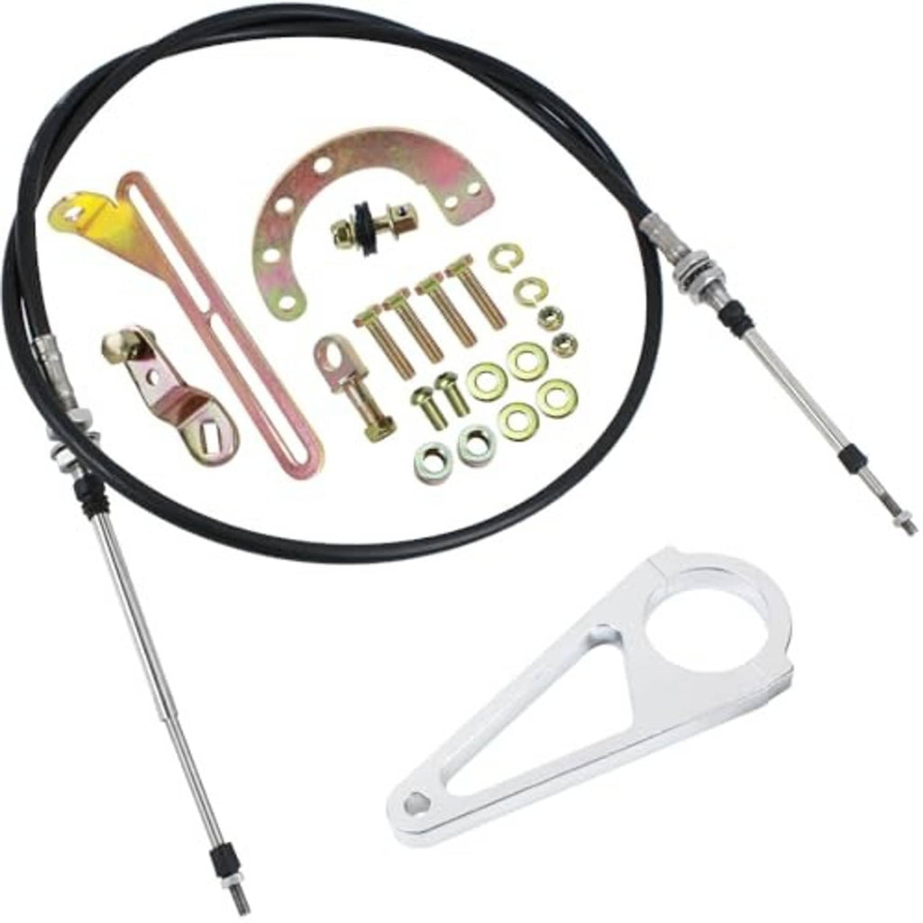 Transmission shift linkage kit components: cables, brackets, bolts, and washers