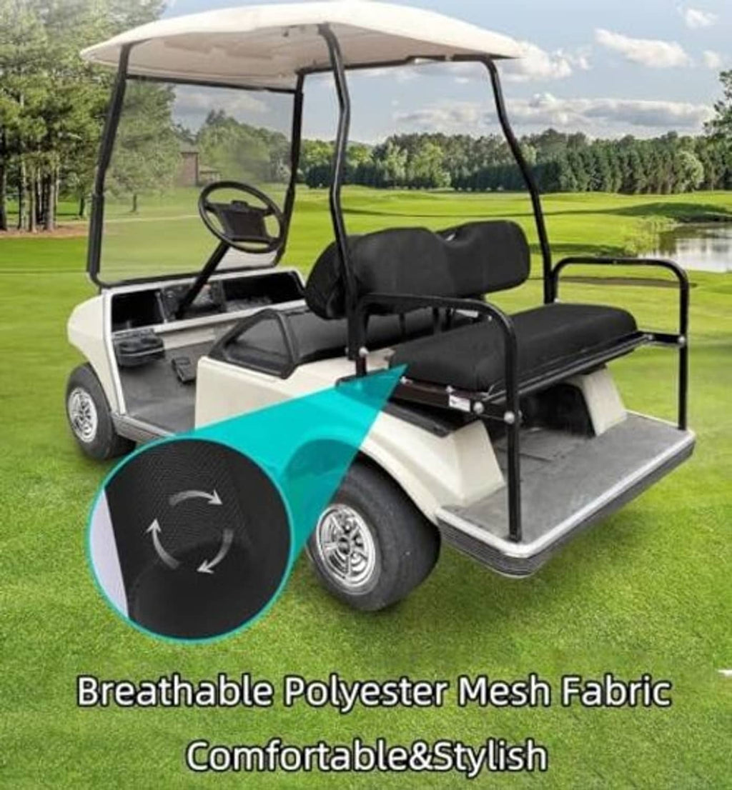 Black breathable polyester mesh golf cart seat cover on bench, contoured cushions