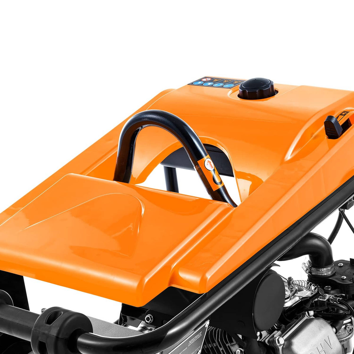 Orange gas jumping jack tamper with front handle and visible engine housing
