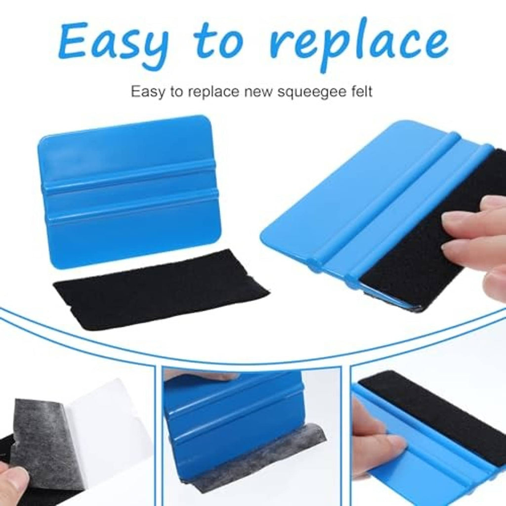 Vinyl squeegee set with blue bodies and replaceable black felt pads.