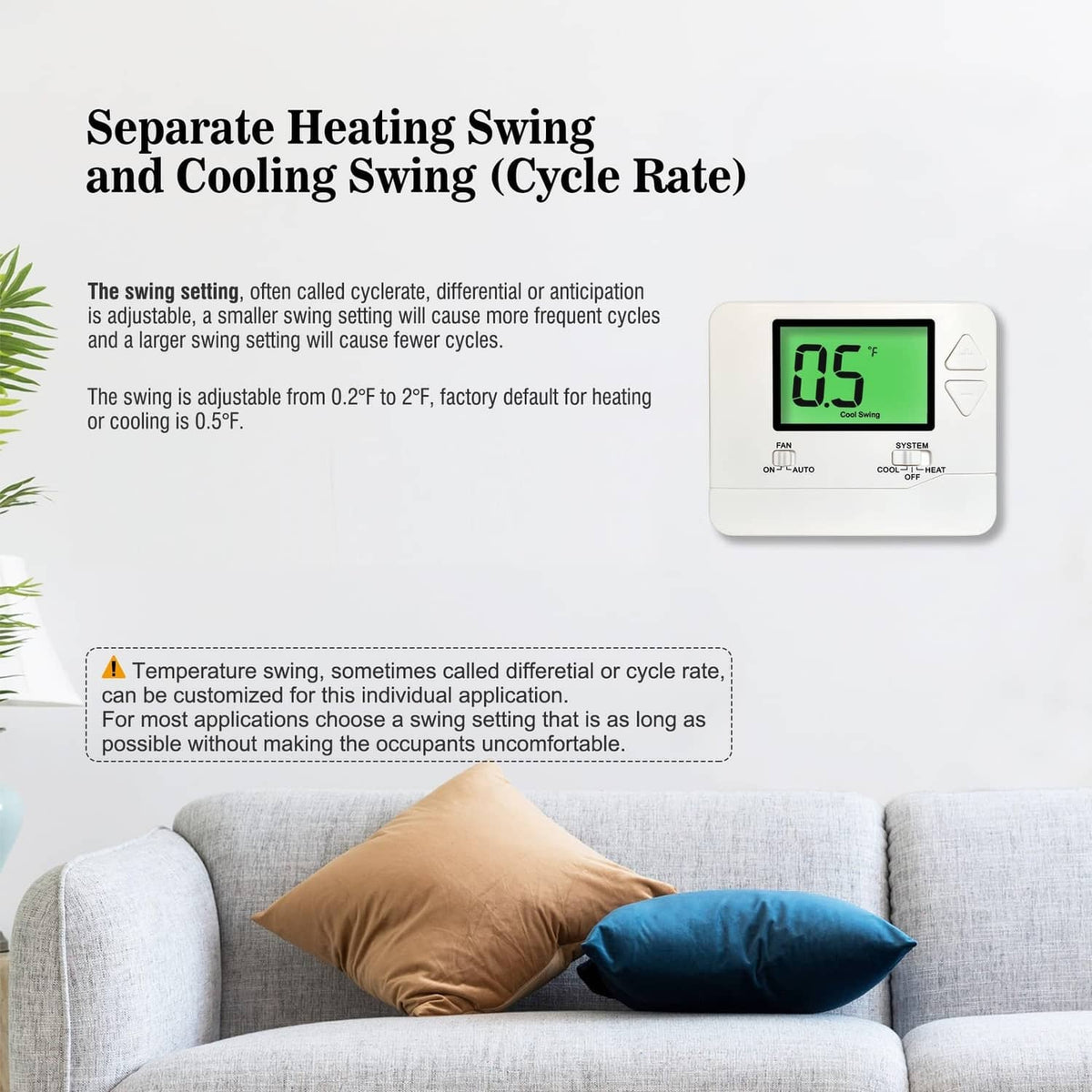 Non-programmable thermostat with green backlit LCD and up/down adjustment buttons