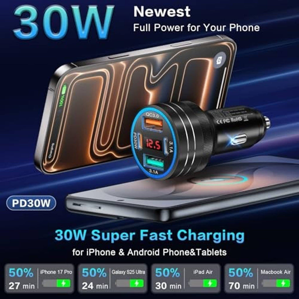 Black car USB-C charger with blue LED voltage display and USB-C and USB outputs