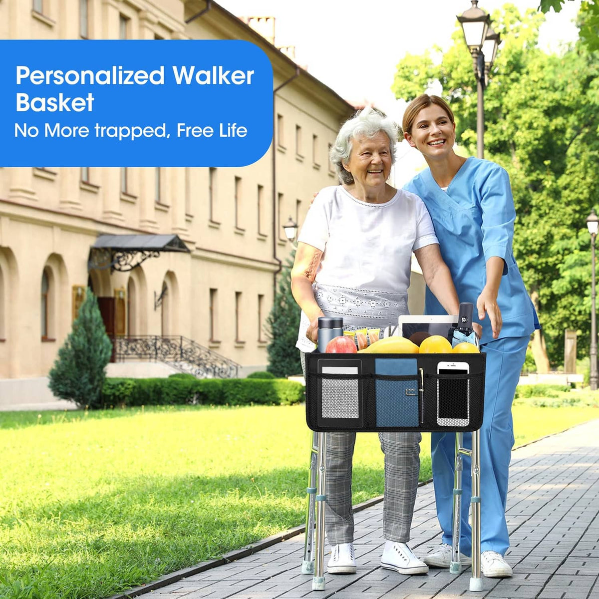 Black walker basket with blue center divider and mesh side pockets on walker