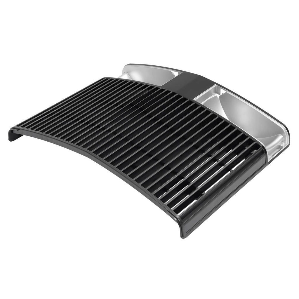 Tractor grille with black slat mesh and silver frame corners