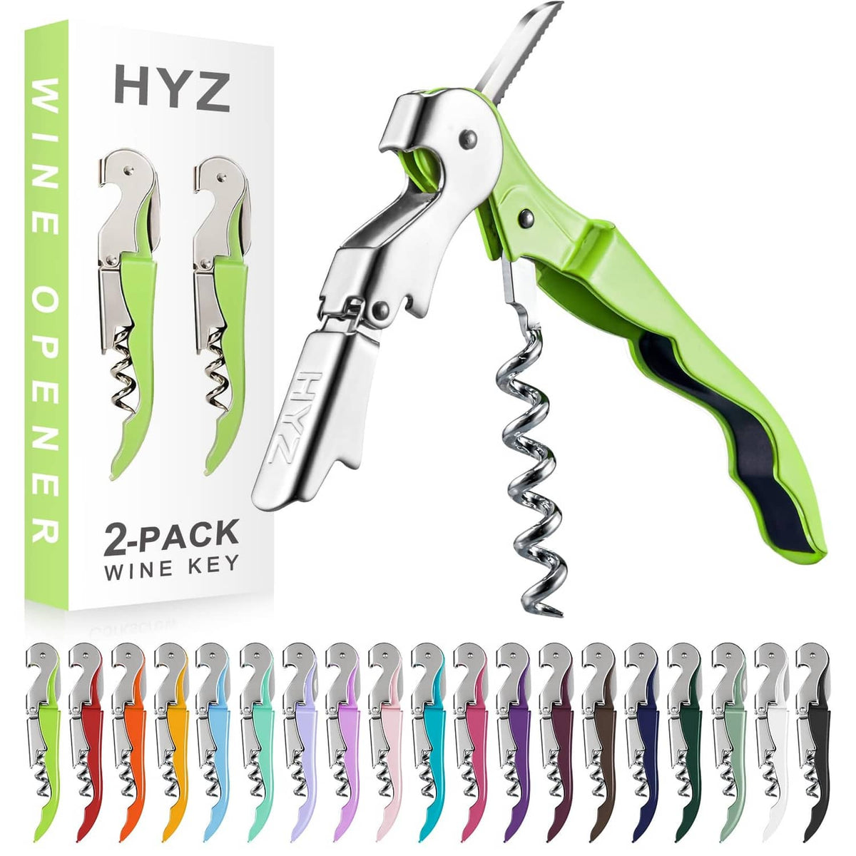 2-pack waiter wine corkscrew key with lime green handles and silver metal.