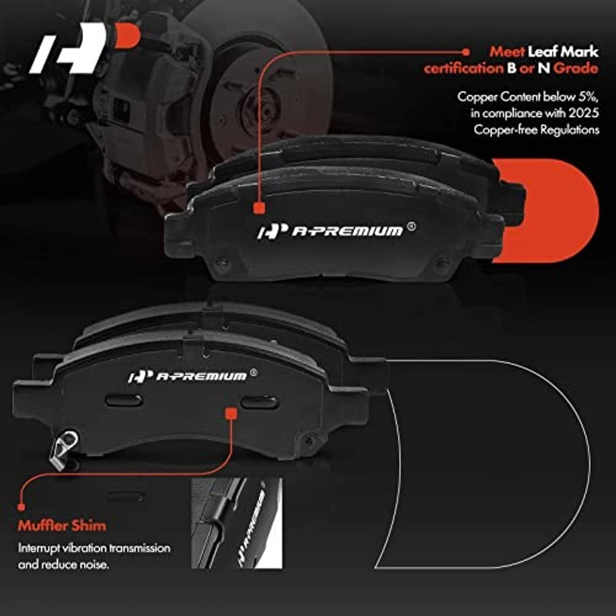 Ceramic brake pad set showing gray friction material and black backing plate