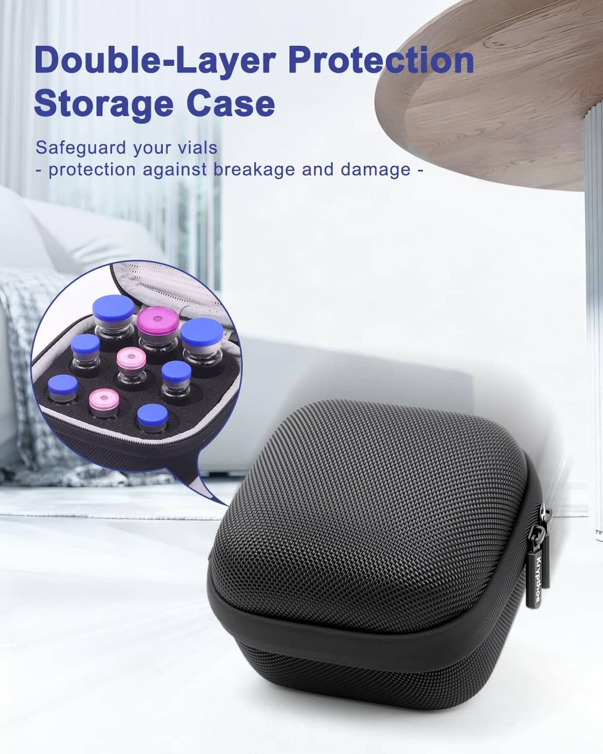 Black double-layer insulin vial storage case with zipper and molded protective interior