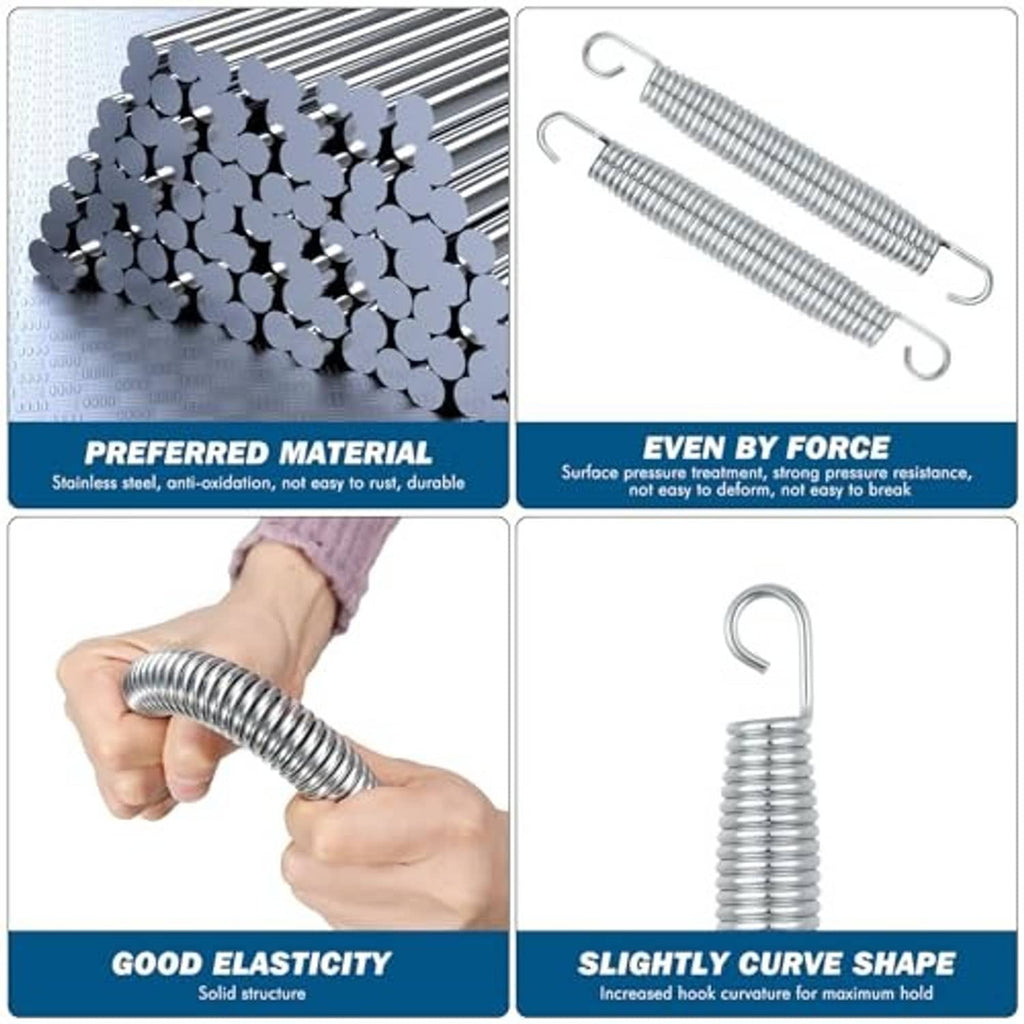 Silver stainless steel trampoline springs display showing strong, elastic construction