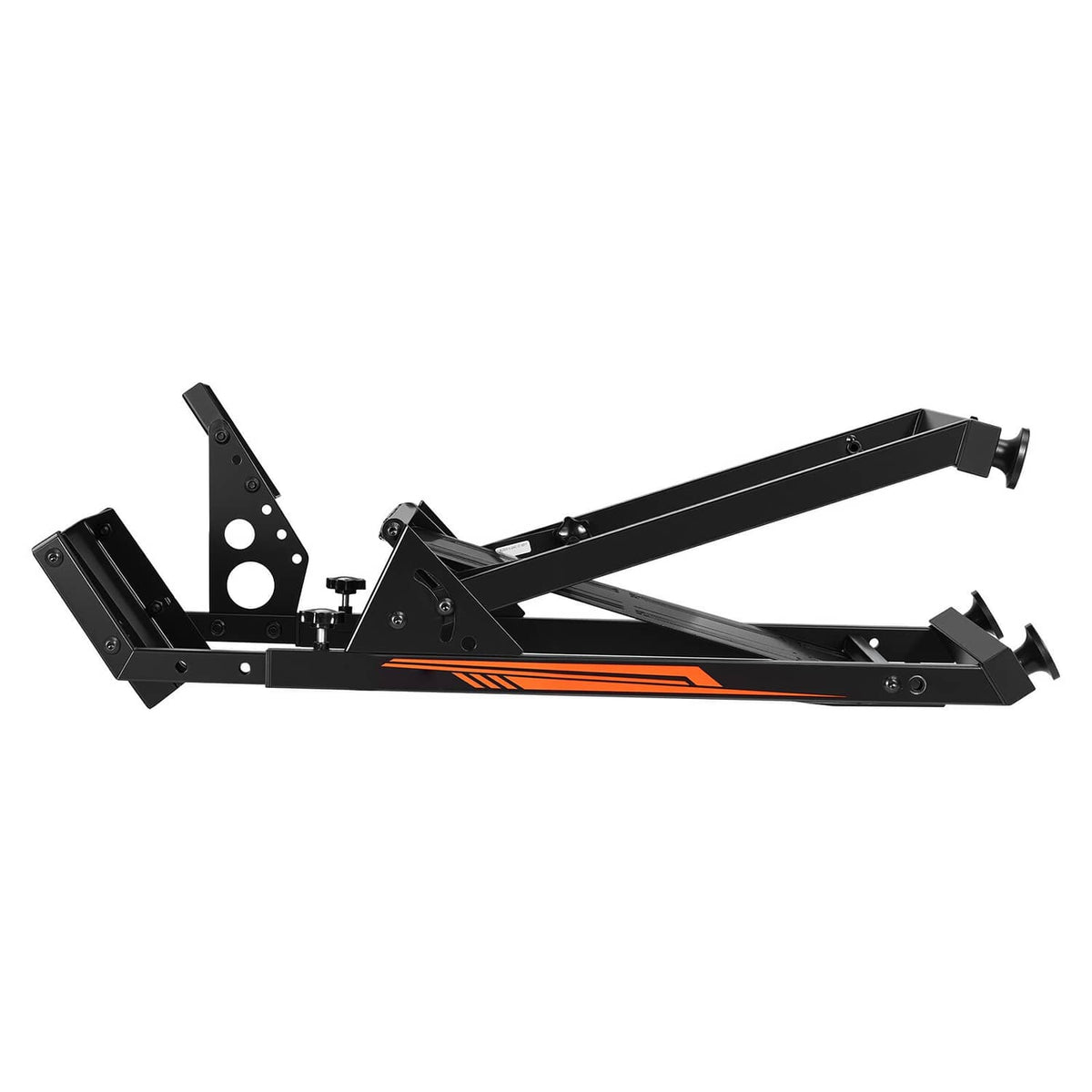 Foldable racing steering wheel stand frame in compact folded position, black with orange stripe