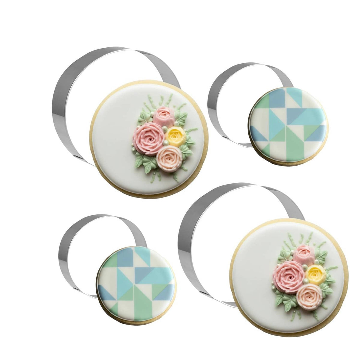 Stainless steel round cookie cutters, circular frames in multiple sizes.